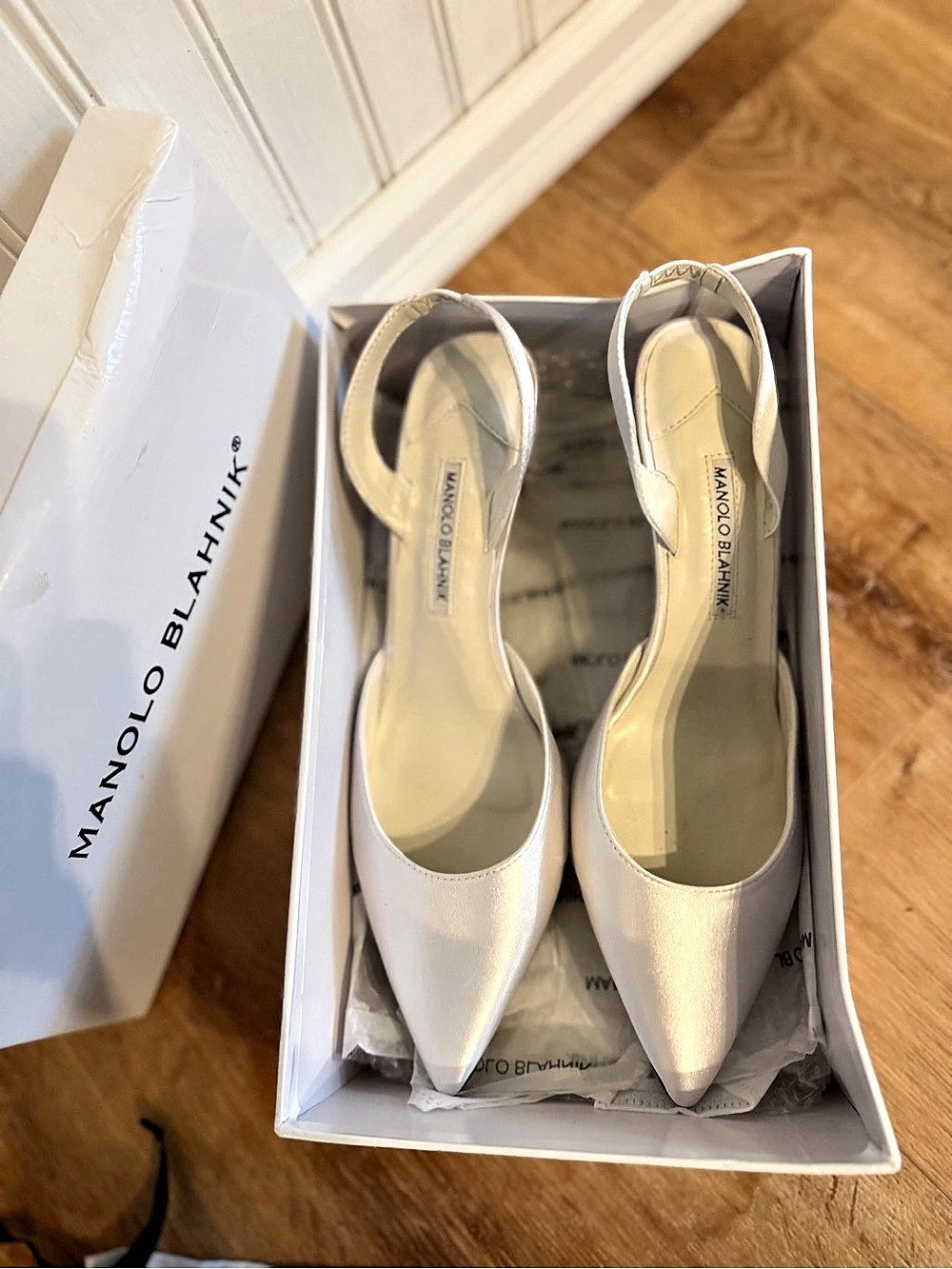 Manolo Blahnik White Bridal Satin Slingbacks